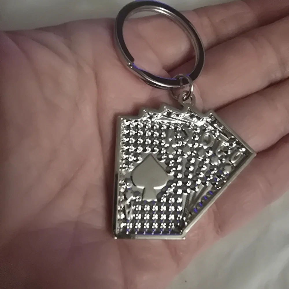 Sparkling Silver Rhinestones Playing Cards Keychain Spades Poker Key Ring Holder